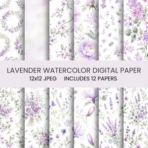 May include: A collection of 12 digital papers featuring lavender watercolour floral patterns on a white background. The text reads LAVENDER WATERCOLOR DIGITAL PAPER 12x12 JPEG INCLUDES 12 PAPERS. Designs include wreaths, bouquets, and sprigs.