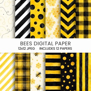Peut inclure: Ensemble de 12 papiers numériques sur le thème des abeilles. Les motifs comprennent des rayures, des pois, des nids d'abeilles et des carreaux en jaune, noir et blanc. Le texte "BEES DIGITAL PAPER" est affiché.