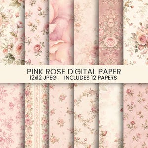 Può includere: Una collezione di dodici carte digitali con vari motivi di rose rosa, inclusi bouquet floreali, motivi damascati e delicate stampe di boccioli di rosa su sfondi chiari. Il testo PINK ROSE DIGITAL PAPER 12x12 JPEG INCLUDES 12 PAPERS è visibile.