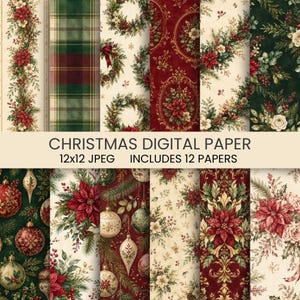 Könnte beinhalten: Eine Sammlung von zwölf digitalen Papieren mit weihnachtlichen Mustern, darunter Weihnachtssterne, Kiefernzweige, Schottenkaro-Texturen und goldgerahmte Blumenmotive in den Farben Dunkelrot, Tannengrün, Creme und Goldakzenten.
