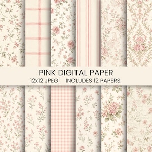 Può includere: Una collezione di dodici carte digitali con motivi rosa e crema, inclusi stampe floreali, righe, quadretti vichy e disegni damascati. Il testo recita PINK DIGITAL PAPER 12x12 JPEG INCLUDES 12 PAPERS. Si tratta di file di immagini digitali quadrati.