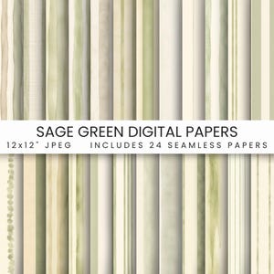Puede incluir: Papeles digitales con rayas verde salvia en acuarela. La imagen incluye 24 papeles sin costuras, cada uno de 30,48 cm x 30,48 cm. Los papeles presentan varios tonos de verde y beige, con efecto acuarela.