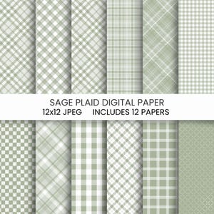 Peut inclure: Une collection de douze papiers numériques présentant des motifs à carreaux, vichy et écossais vert sauge et blanc. Le texte SAGE PLAID DIGITAL PAPER 12x12 JPEG INCLUDES 12 PAPERS est centré au milieu de l'image.