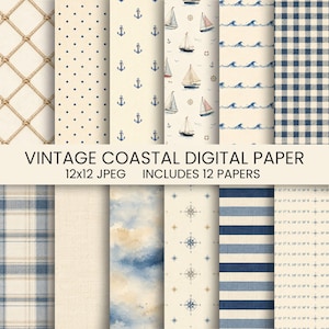 Vintage Nautical Digital Paper Bundle, Coastal Watercolor Backgrounds (Digital Download)