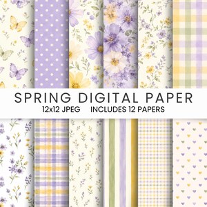 May include: A collection of 12 digital papers with a spring theme. The papers feature various patterns, including butterflies, polka dots, floral designs, stripes, and gingham checks. The color palette includes shades of purple, yellow, and green. The text "SPRING DIGITAL PAPER" is displayed.