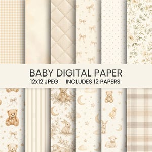 Könnte beinhalten: Eine Sammlung von zwölf digitalen Papieren mit beigen und cremefarbenen Mustern, darunter Vichy-Karo, gesteppte Texturen, Schleifen, Punkte, Blumenarrangements, Teddybären, Hasen, Lämmer, Enten, Monde, Sterne, Wolken und Karomuster mit Text.