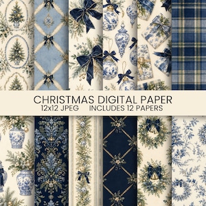 Pode incluir: Uma coleção de doze papéis digitais com temas natalinos em azul, creme e dourado. Os padrões incluem árvores de Natal decoradas, ornamentos, presentes embrulhados, xadrez, guirlandas e motivos florais com laços, ramos de pinheiro e sinos.