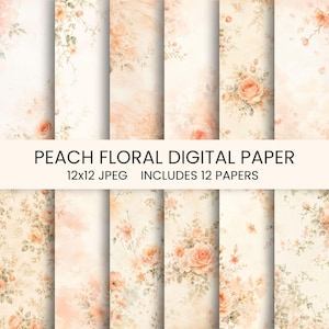 Puede incluir: Una colección de doce papeles digitales con patrones florales en tono melocotón sobre un fondo claro. El texto PEACH FLORAL DIGITAL PAPER 12x12 JPEG INCLUDES 12 PAPERS está centrado en medio de la imagen sobre los diseños florales.