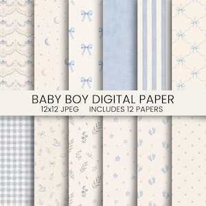 Blue Baby Boy Digital Paper Bundle, Watercolor Nursery Patterns, Vintage Baby Shower Backgrounds