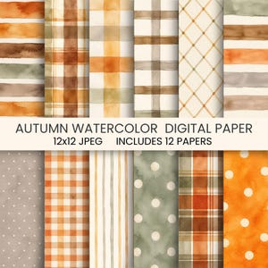 Puede incluir: Una colección de doce papeles digitales con patrones de acuarela en colores otoñales como naranja, marrón y verde salvia. Los diseños incluyen rayas, cuadros, diamantes y lunares. Texto: AUTUMN WATERCOLOR DIGITAL PAPER 12x12 JPEG INCLUDES 12 PAPERS.