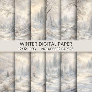 Può includere: Una collezione di dodici carte digitali con paesaggi invernali, pini innevati e foreste ghiacciate. Il testo recita WINTER DIGITAL PAPER 12X12 JPEG INCLUDES 12 PAPERS. Le immagini mostrano toni tenui e delicati di bianco, grigio e beige.