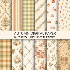 May include: A collection of 12 digital papers featuring autumn-themed patterns including damask, stripes, green gingham, diagonal vines, pumpkins, fall leaves, plaid, and a landscape scene with text reading AUTUMN DIGITAL PAPER 12x12 JPEG.