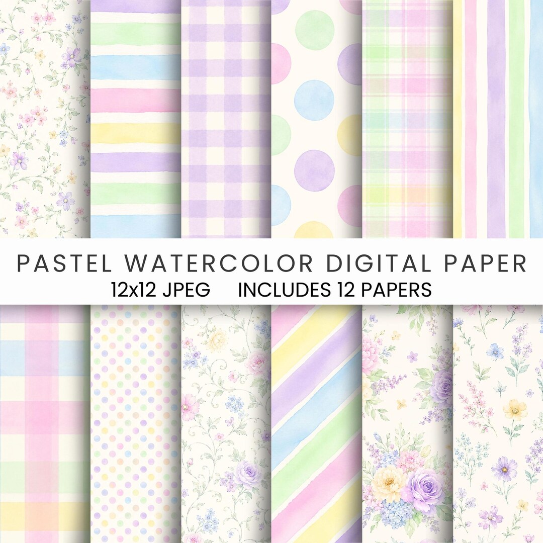 Pastel Watercolor Digital Paper Bundle, Plaid Floral Gingham Polka Dot ...