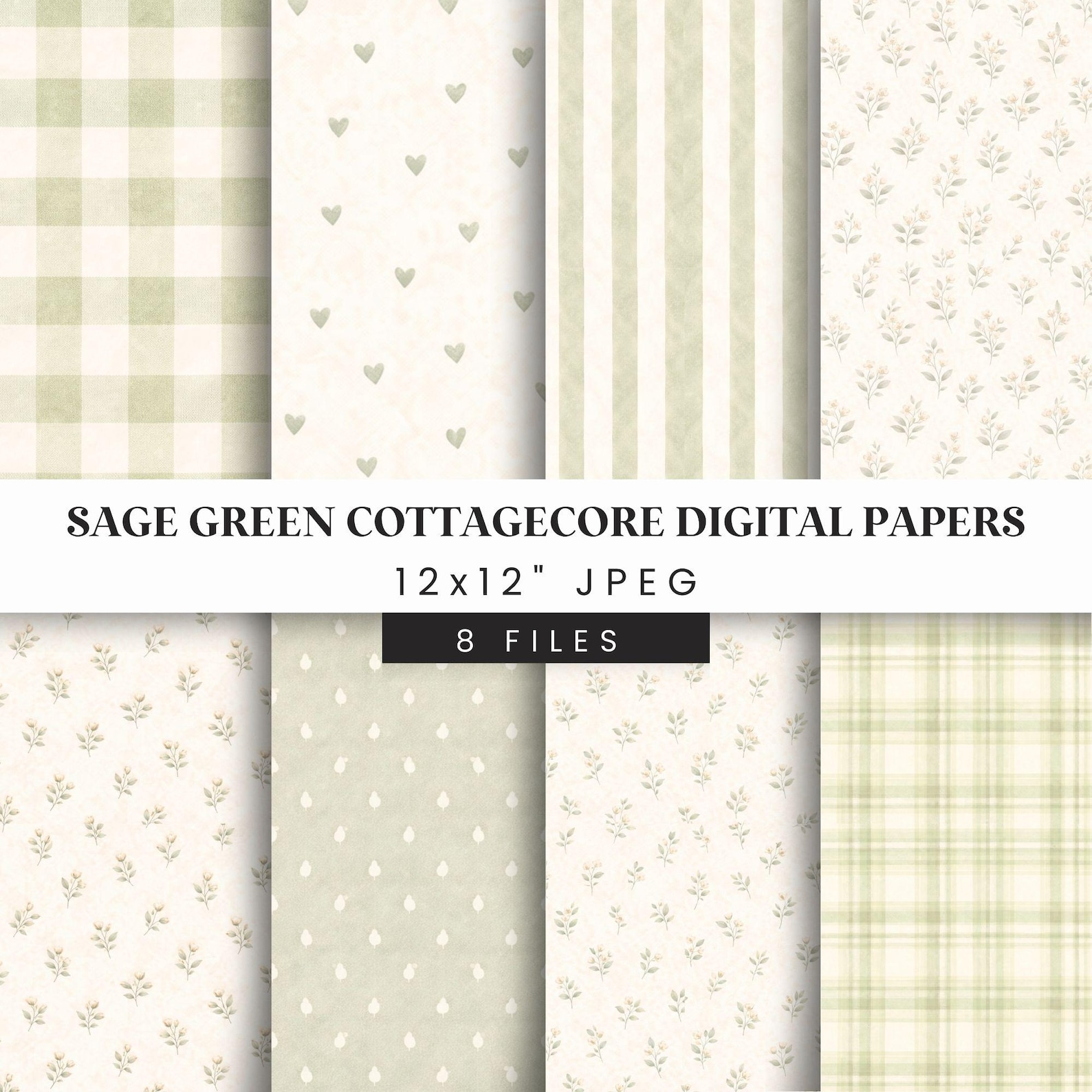 Sage Green Cottagecore Digital Papers, Floral Gingham Plaid Watercolor ...