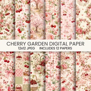 May include: A collection of twelve digital papers featuring cherry garden themes with pink and red cherries, roses, butterflies, gingham patterns, and woven baskets. The text CHERRY GARDEN DIGITAL PAPER 12x12 JPEG INCLUDES 12 PAPERS is centred.