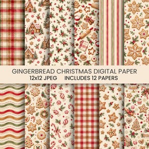 Digital papperskollektion med pepparkakor, akvarellbakmönster för högtider (12 papper)