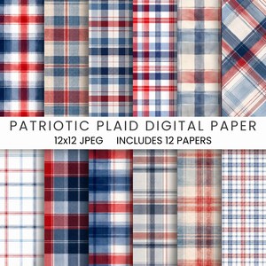 Digitalt rutigt papperspaket med patriotiskt mönster, sömlösa röda vita blå rutiga papper
