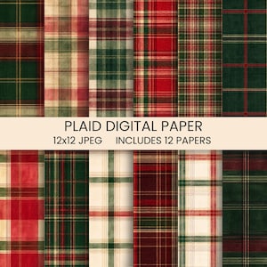 Op de afbeelding: Een collectie van twaalf digitale papieren met diverse ruitpatronen in rood, groen, crème en donkerbruin. De afbeelding bevat de tekst PLAID DIGITAL PAPER, 12x12 JPEG en INCLUDES 12 PAPERS gecentreerd over het midden van de patronen.