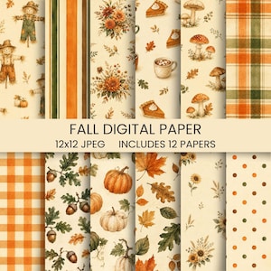 May include: A collection of 12 digital papers featuring autumn-themed patterns including scarecrows, pumpkins, mushrooms, acorns, autumn leaves, sunflowers, plaid, and stripes. The text reads FALL DIGITAL PAPER 12x12 JPEG INCLUDES 12 PAPERS.