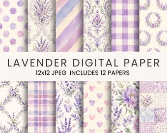 Puede incluir: Una colección de 12 papeles digitales con patrones de acuarela con temática de lavanda, incluyendo lunares, damasco, rayas, cuadros vichy, corazones y flores. El texto dice LAVENDER DIGITAL PAPER 12x12 JPEG INCLUDES 12 PAPERS.