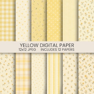 Peut inclure: Une collection de douze papiers numériques présentant des motifs jaunes incluant vichy, cœurs, marguerites, pois, rayures verticales et imprimés floraux. Le texte YELLOW DIGITAL PAPER 12x12 JPEG INCLUDES 12 PAPERS est centré sur l'image.