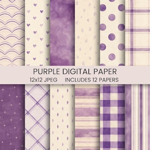 Könnte beinhalten: Eine Sammlung von zwölf digitalen Papieren mit violetten Mustern, darunter Wellen, Herzen, Aquarelltexturen, Zweige, Punkte, Schottenkaro, Sterne, Rauten, horizontale Streifen, Vichy-Karo und vertikale Streifen mit dem Text PURPLE DIGITAL PAPER 12x12 JPEG INCLUDES 12 PAPERS.