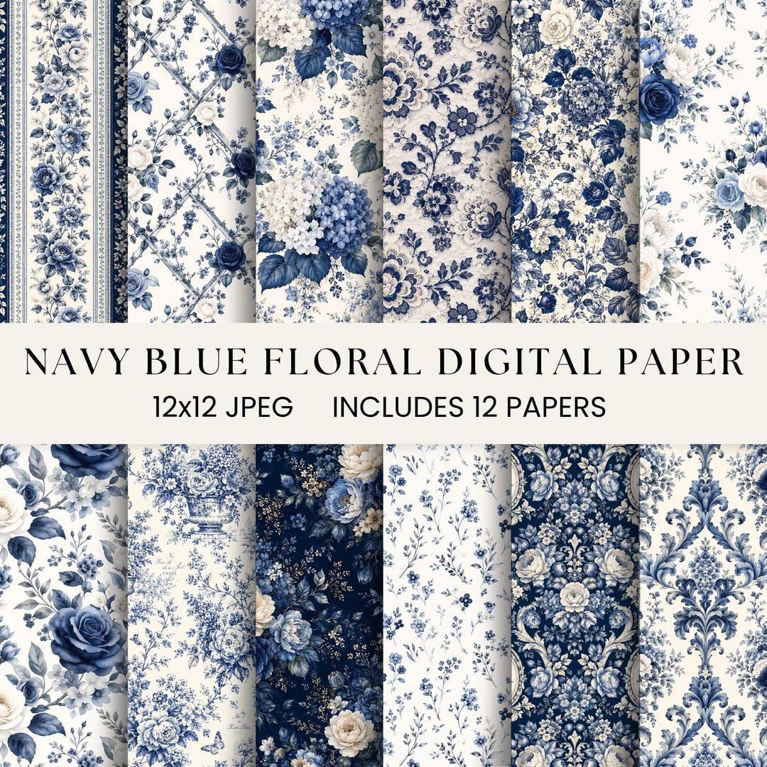 Navy Blue Floral Digital Paper Bundle | Blue & White Watercolor Flowers ...