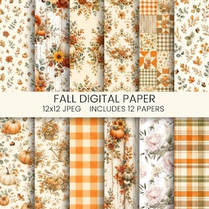 Peut inclure: Une collection de 12 papiers numériques présentant des motifs sur le thème de l'automne, incluant des citrouilles, tournesols, feuilles, glands, carreaux et fleurs dans des tons orange, marron et crème. Le texte indique FALL DIGITAL PAPER 12x12 JPEG INCLUDES 12 PAPERS.