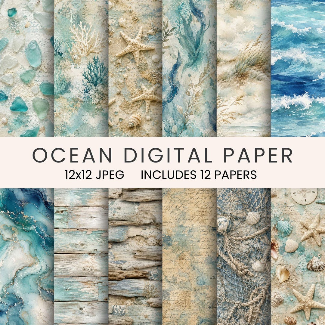 Ocean Digital Paper Bundle, Coastal Beach Textures, Nautical Scrapbook ...