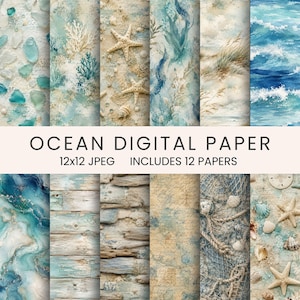 May include: A collection of twelve digital papers featuring ocean-themed patterns including sea glass, coral, starfish, seashells, beach dunes, crashing waves, weathered wood planks, nautical maps, and fishing nets in shades of blue, beige, and white.