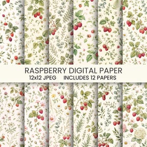 May include: A collection of 12 digital papers featuring botanical illustrations of red raspberries, green leaves, and various wildflowers on a cream background. The text RASPBERRY DIGITAL PAPER 12x12 JPEG INCLUDES 12 PAPERS is centered on the image.