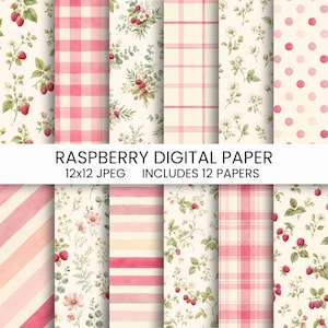 Digitalt papperspaket med akvarell och hallon, rosa blommiga botaniska mönster (12x12 JPG)