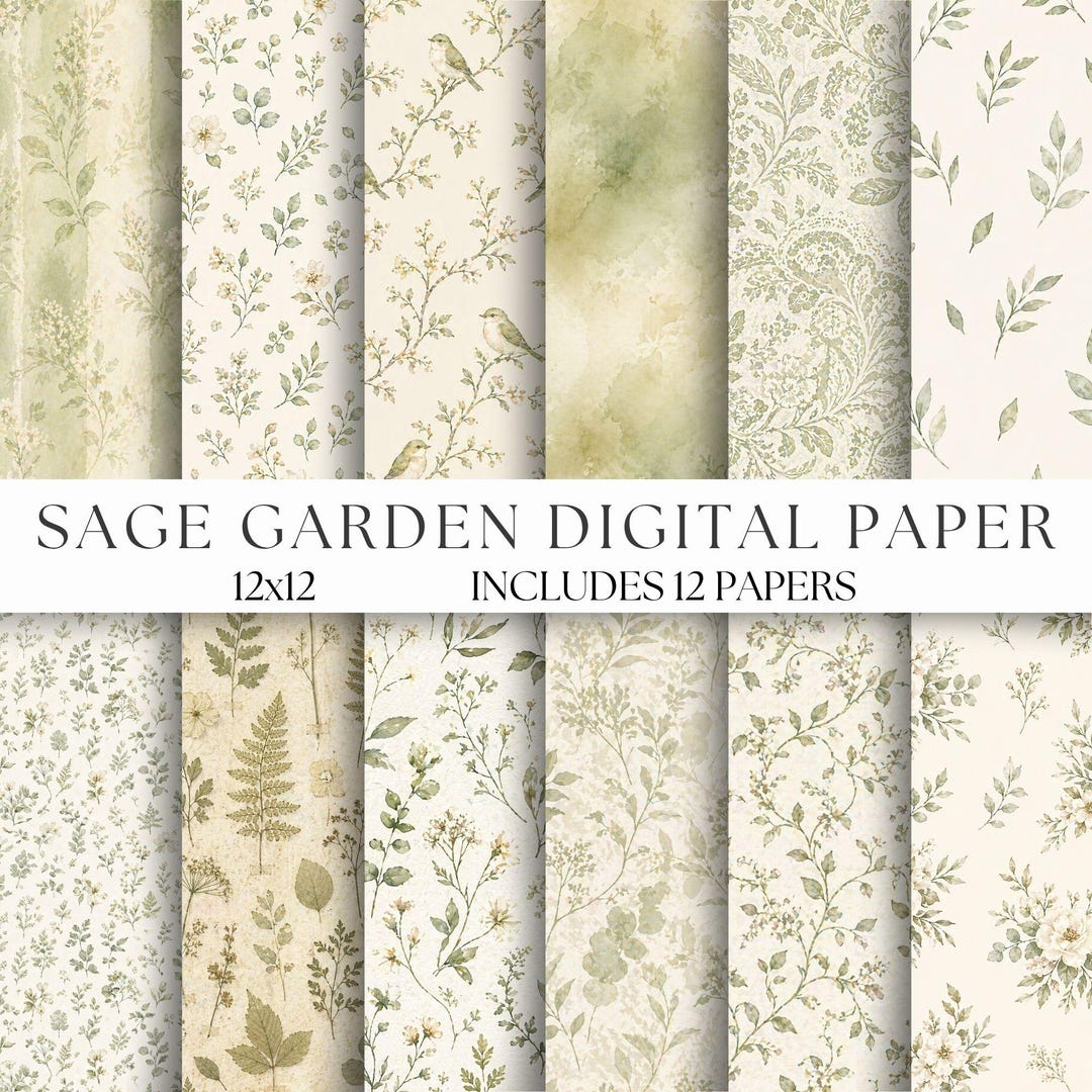 Sage Green Floral Digital Paper Bundle, Vintage Botanical Seamless ...