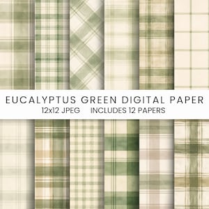 May include: A collection of 12 digital papers with a eucalyptus green plaid pattern. The papers are 12x12 inches in size and in JPEG format. The design features various shades of green and white, creating a rustic and natural aesthetic.