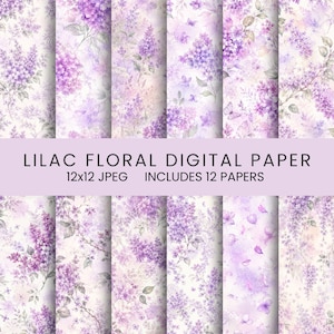 Könnte beinhalten: Eine Sammlung von zwölf digitalen Papieren mit lila Blumenmustern in Violett- und Weißtönen. Der Text lautet LILAC FLORAL DIGITAL PAPER 12x12 JPEG INCLUDES 12 PAPERS. Die Designs zeigen Ansammlungen von Fliederblüten und Schmetterlingen.