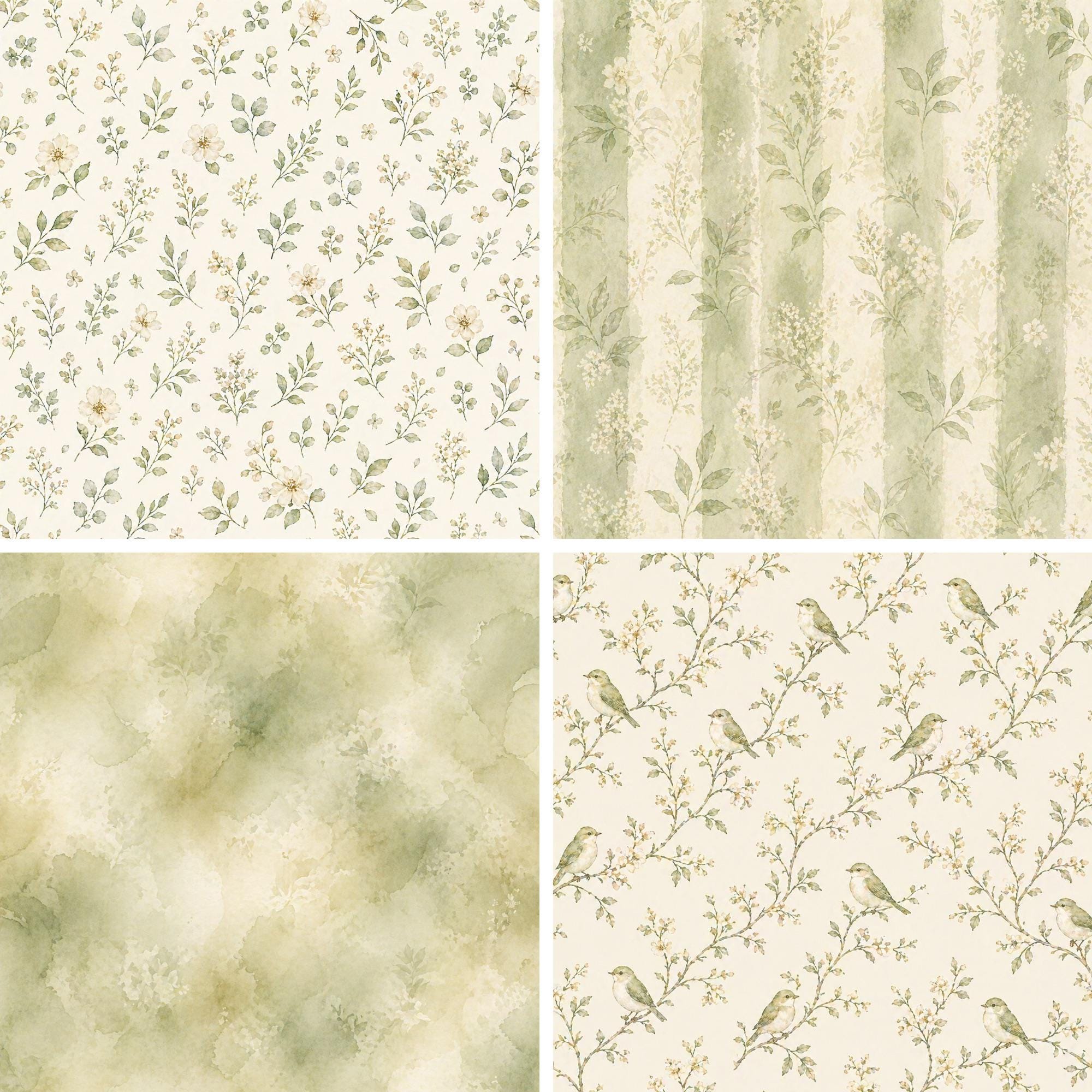 Sage Green Floral Digital Paper Bundle, Vintage Botanical Seamless ...