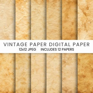 Könnte beinhalten: Eine Sammlung von 12 digitalen Vintage-Papieren, jedes mit einem einzigartigen gealterten Aussehen. Die Papiere sind in Beige- und Brauntönen gehalten und weisen Texturen und Flecken auf, die ihnen ein antikes Aussehen verleihen. Der Text auf dem Bild lautet "VINTAGE PAPER DIGITAL PAPER 12x12 JPEG INCLUDES 12 PAPERS."