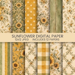 May include: A collection of twelve digital papers featuring sunflower patterns, including floral arrangements, polka dots, gingham, stripes, and damask designs in shades of yellow, cream, and green. The text reads SUNFLOWER DIGITAL PAPER 12x12 JPEG INCLUDES 12 PAPERS.
