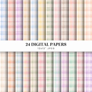 May include: A collection of 24 digital papers with a plaid pattern in pastel colors. Each paper is 12x12 inches and in JPEG format. The color palette includes shades of blue, pink, yellow, green, and purple.