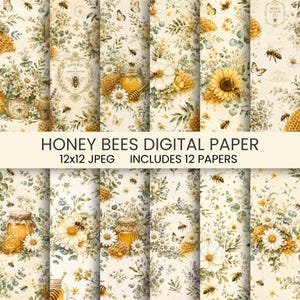 Digitalt papper med akvarellhonungsbi, blommiga botaniska bakgrunder (digital nedladdning)
