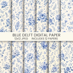 Delft Blue Floral Digital Paper, Watercolor Dutch Botanical Backgrounds (12 Papers)