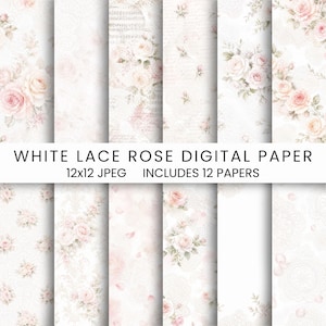 Könnte beinhalten: Digitales Papierpaket mit weißen Spitzen- und Rosenmotiven. Das Paket enthält 12 Blätter mit verschiedenen Mustern, darunter zarte rosa Rosen, Vintage-Schrift und Spitze. Jedes Blatt misst 30,48 x 30,48 cm.