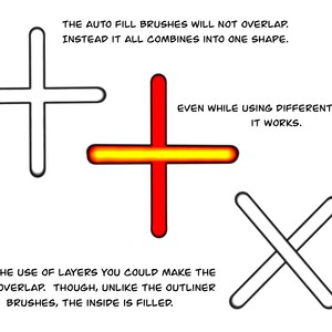 Op de afbeelding: Een illustratie die het gebruik van automatische vulpenselen laat zien. De afbeelding toont drie kruisvormen: een witte omtrek, een rood en geel gevuld kruis en een witte doorgestreepte vorm. Tekst legt uit hoe de penselen werken en het gebruik van lagen.