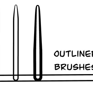 Op de afbeelding: Drie zwart-witte outliner penselen worden getoond tegen een witte achtergrond. De penselen vari&euml;ren in dikte, met de tekst "OUTLINER BRUSHES" in zwart eronder. De penselen zijn boven een horizontale zwarte lijn geplaatst.