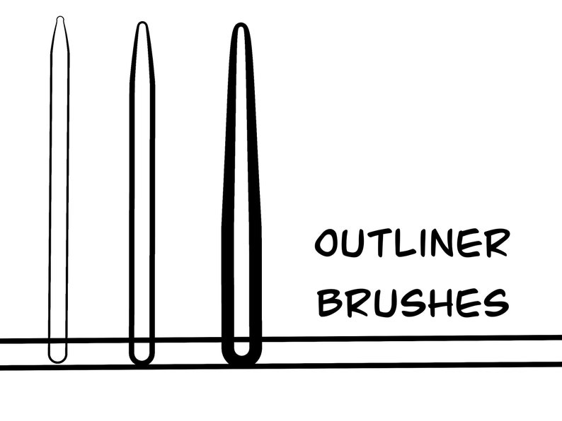 Op de afbeelding: Drie zwart-witte outliner penselen worden getoond tegen een witte achtergrond. De penselen vari&euml;ren in dikte, met de tekst "OUTLINER BRUSHES" in zwart eronder. De penselen zijn boven een horizontale zwarte lijn geplaatst.