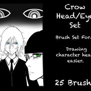 May include: A black and white digital illustration in a manga style. The image includes the text "Crow Head/Eye Set" and "25 Brushes". The artwork shows a person with blue eyes and another with green eyes, along with other figures.