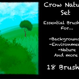 May include: Digital art illustration of a landscape with a blue sky, green hills, and a tree. The image includes the text "Crow Nature Set" and "Essential Brush Set For..." with a list of uses and the number of brushes.