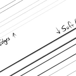 Op de afbeelding: Een abstracte zwart-wit afbeelding met diagonale lijnen van verschillende diktes. De tekst "Solid Edges" en "Soft Edge" is aanwezig, wat wijst op verschillende lijntypes. De afbeelding is een studie in contrast en textuur.