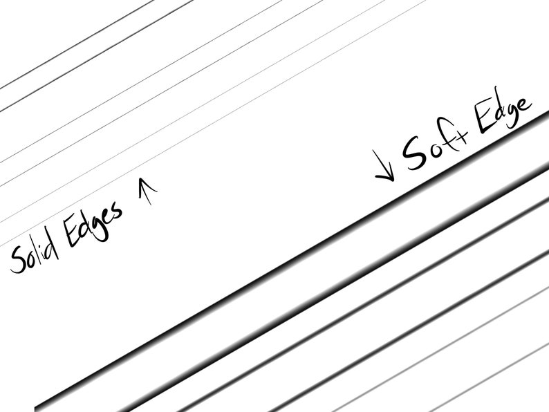 Op de afbeelding: Een abstracte zwart-wit afbeelding met diagonale lijnen van verschillende diktes. De tekst "Solid Edges" en "Soft Edge" is aanwezig, wat wijst op verschillende lijntypes. De afbeelding is een studie in contrast en textuur.