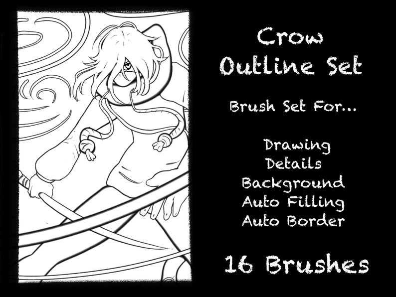 Op de afbeelding: Zwart-wit illustratie van een personage met een capuchonjas en een zwaard. De tekst luidt "Crow Outline Set" en vermeldt functies zoals "Drawing Details" en "16 Brushes" op een zwarte achtergrond.